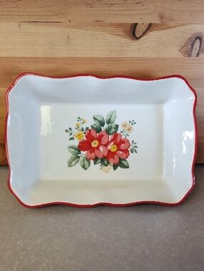 The Pioneer Woman Floral Ceramic Baking Dish with Red Trim.